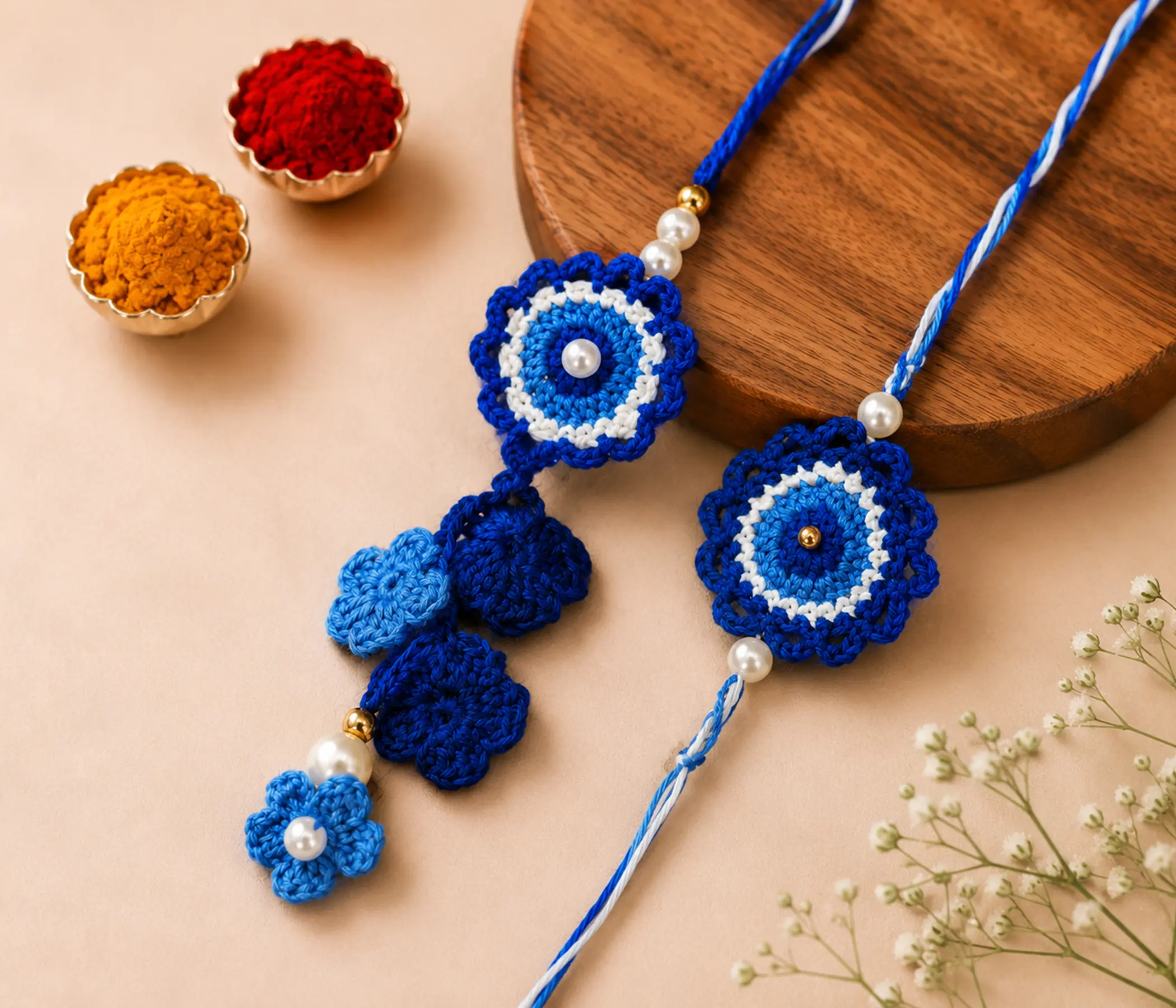 Guardian Evil Eye Artisan Crochet Bhai Bhabhi Rakhi Set for Raksha Bandhan